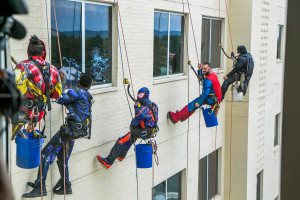 Superheroes visited pediatric patients and their families at Hoops Family Children’s Hospital (HFCH) on Friday, July 7, 2023. Employees from High Access/Central Window Cleaning, a Cleveland-based company, wore their favorite superhero suits and cleaned windows while patients and staff watched from inside. HFCH staff first hosted the superhero window washers in 2017.